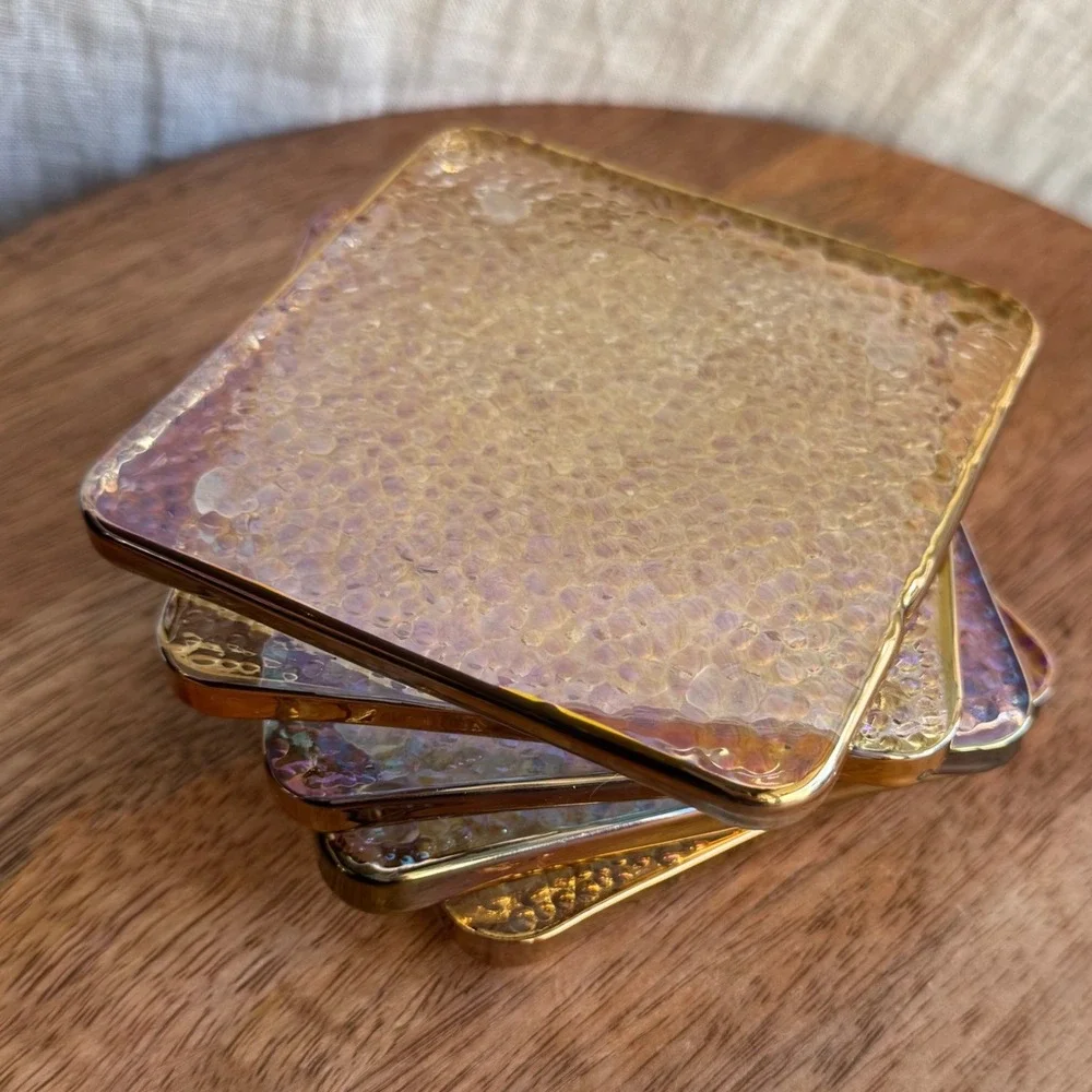 Anthropologie Zaza Coasters Set of 5 Gold Lustered Hammered Bubble Glass Barware